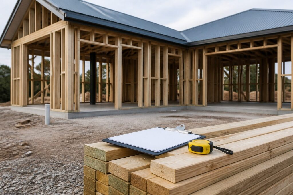 Illustration of a partially framed house with a clipboard and tape measure resting on stacked timber
