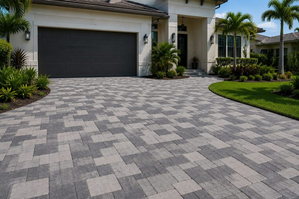 Paver driveway curving away from a garage, with the border course following the radius and a lawn edge alongside