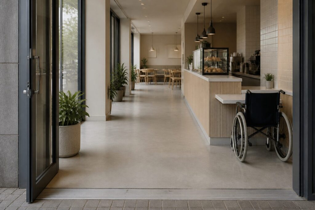 Illustration of an accessible route through a retail interior with a level threshold, clear aisle width and a lowered counter section