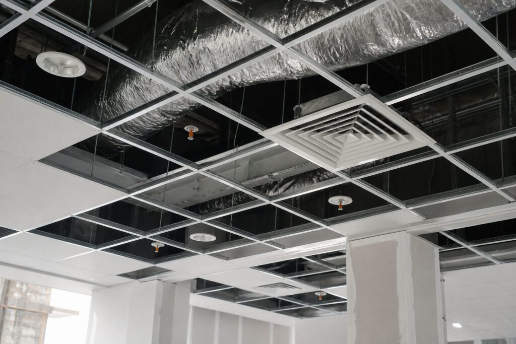 Illustration of a suspended ceiling grid with air diffusers, sprinkler heads and light housings coordinated into the same plane