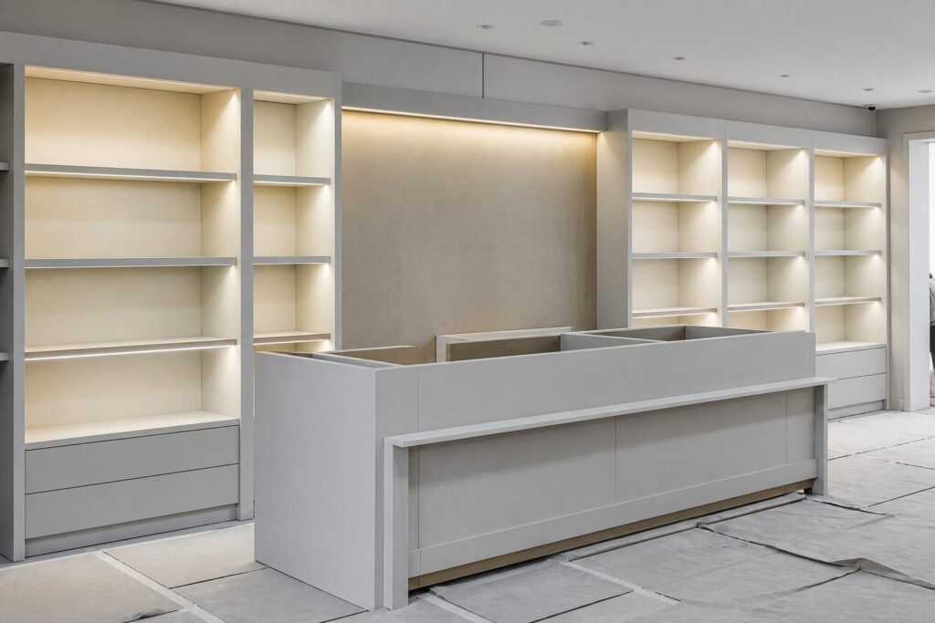 Illustration of retail display millwork and a service counter being installed, with integrated lighting channels visible