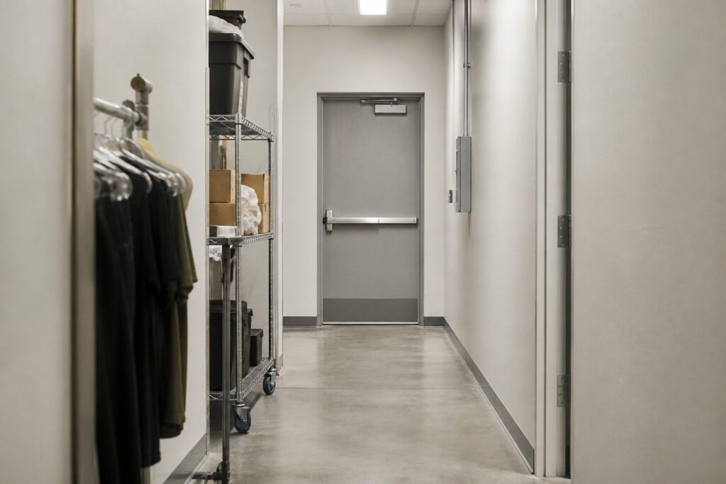 Illustration of a commercial exit door with a horizontal push bar at the end of an unobstructed back-of-house route