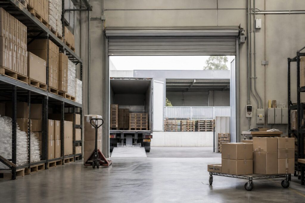 Illustration of a retail stockroom and receiving area with racking and a wide roller shutter delivery opening