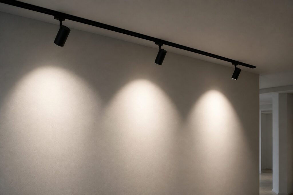 Illustration of track lighting washing a blank display wall, showing how adjacent beams overlap