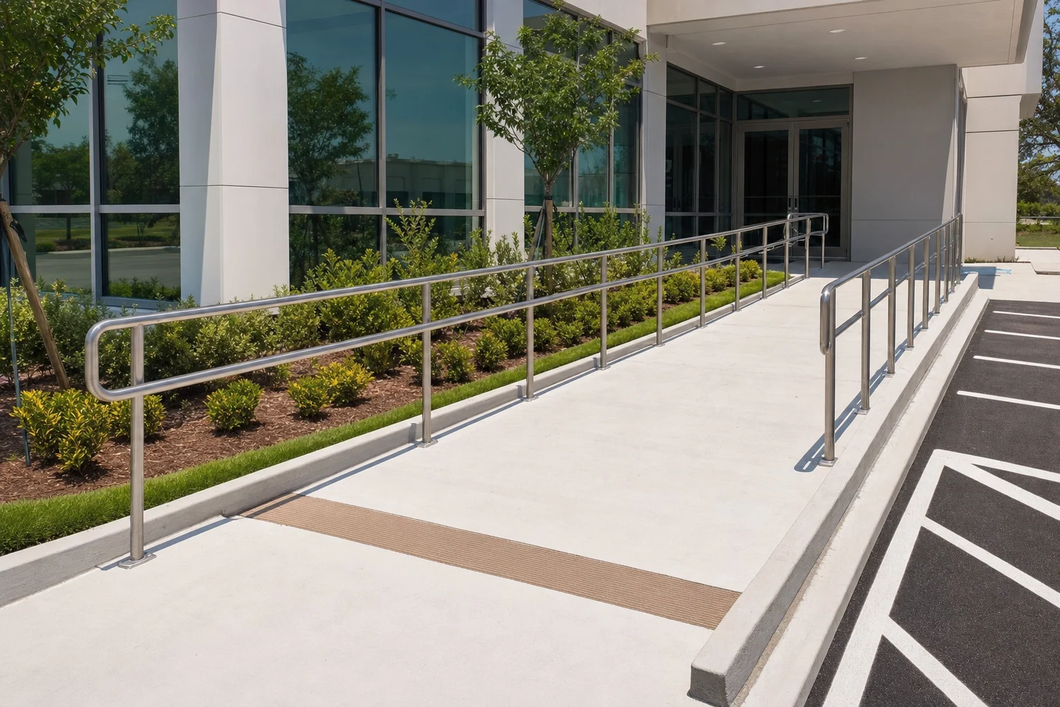 Accessible entrance ramp and level landing at a South Florida commercial building