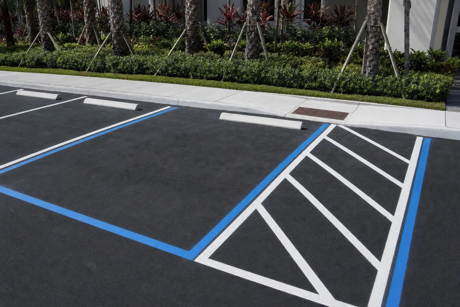 Accessible parking space with striped access aisle and kerb ramp