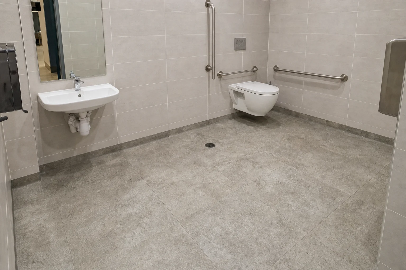 Accessible commercial restroom with grab bars and clear turning space