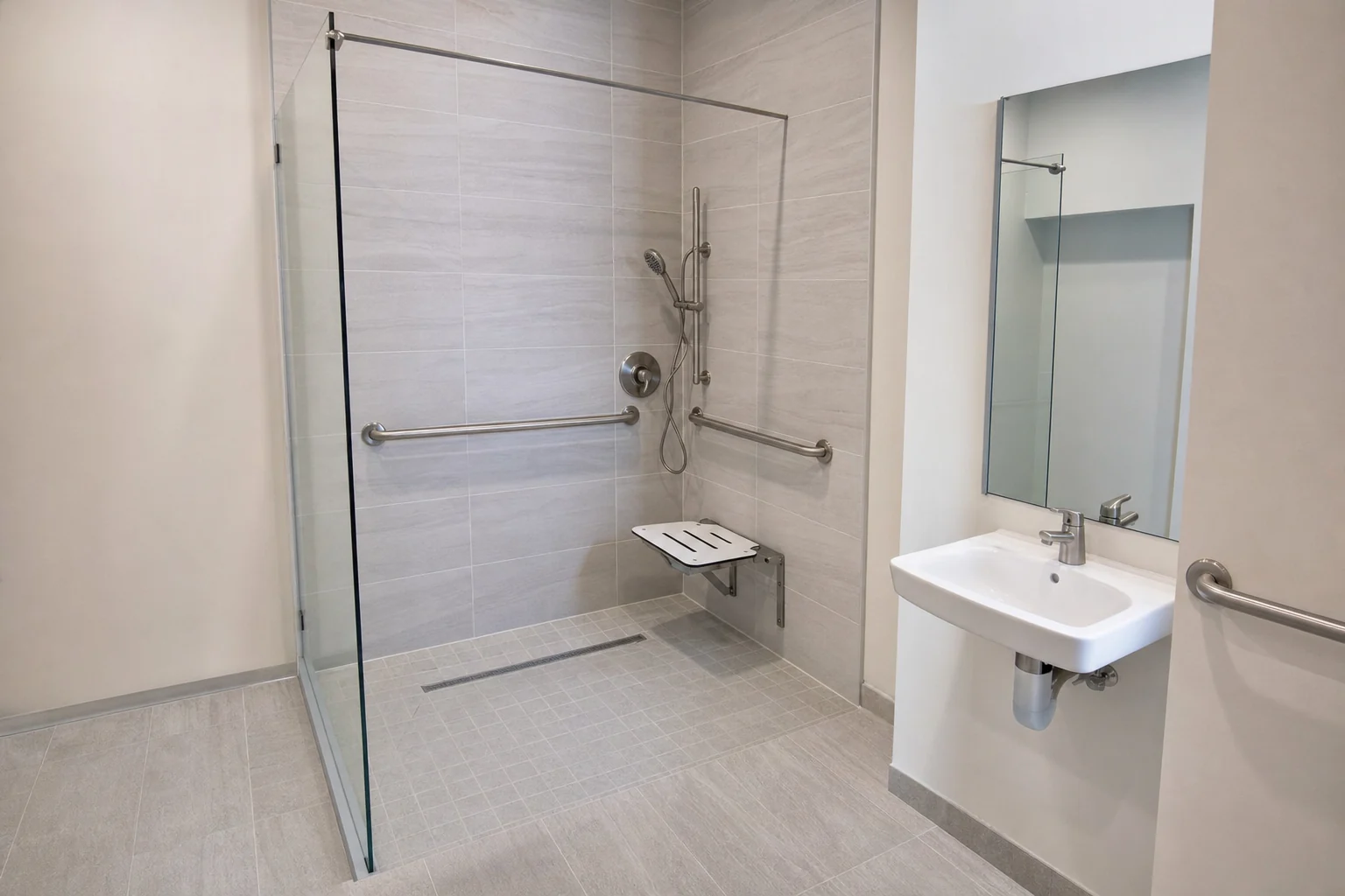Roll-in commercial shower with folding seat, grab bars and a level threshold