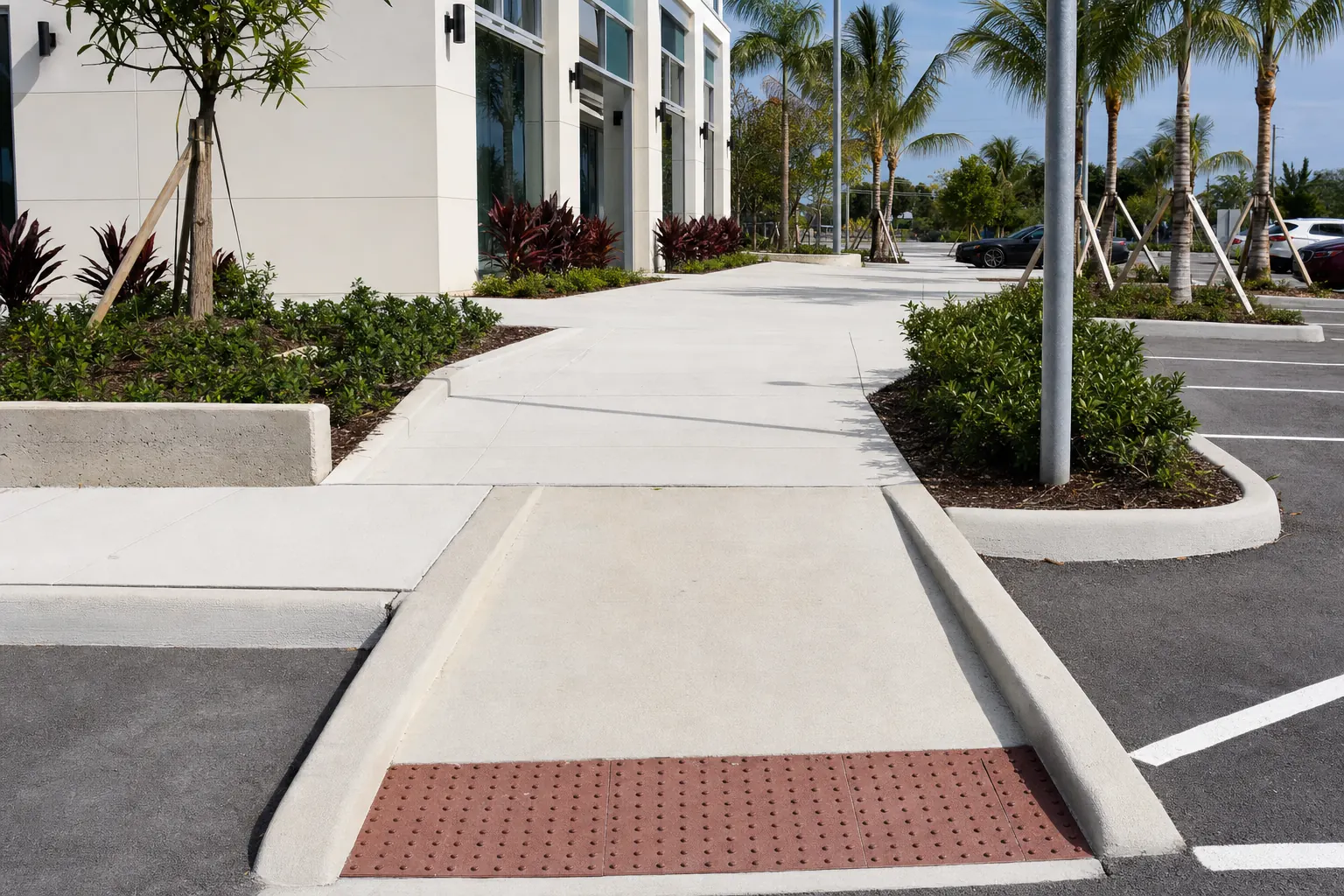 Kerb ramp and flush accessible route between parking and a building entrance