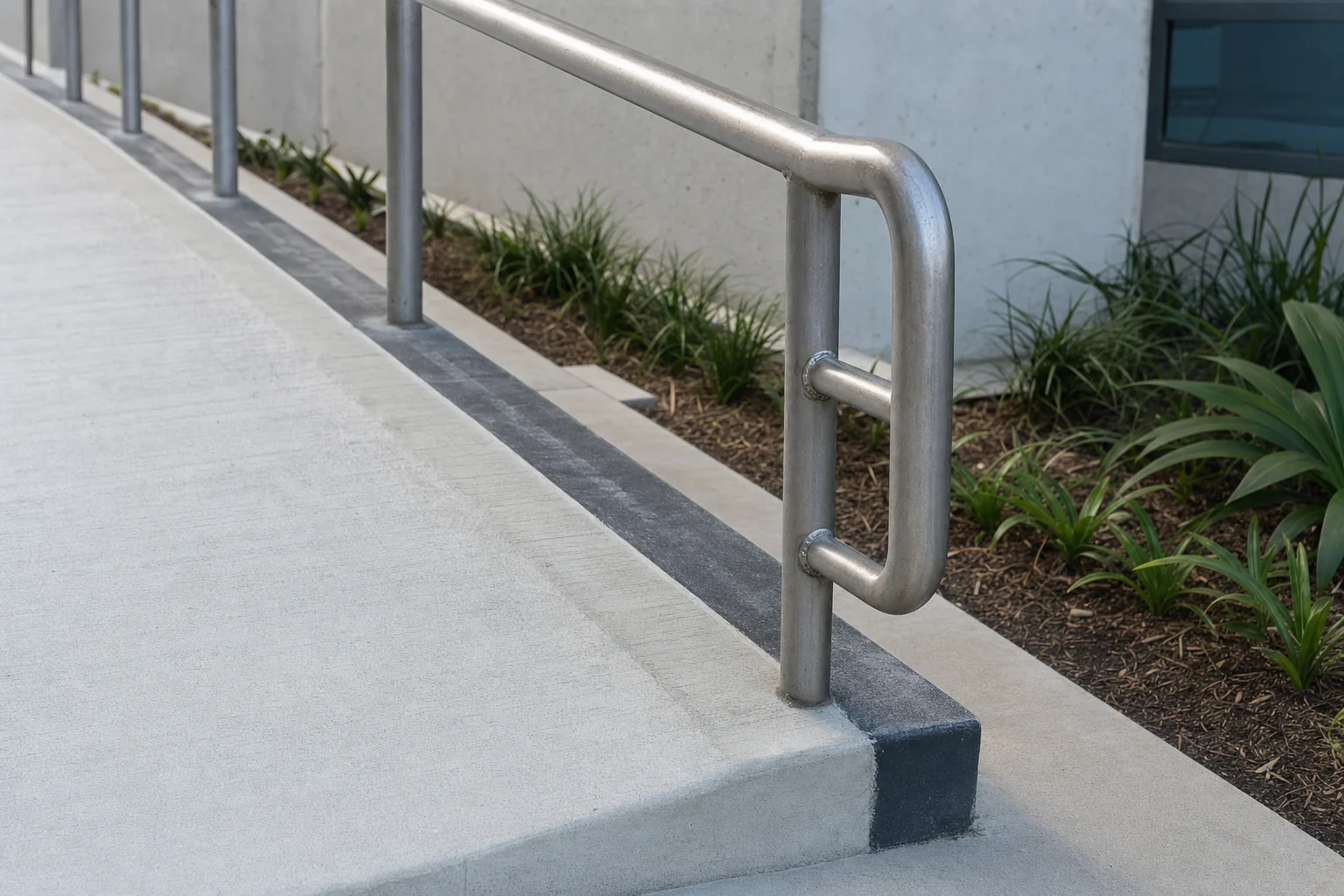 Close detail of a ramp handrail returning and extending past the end of the slope