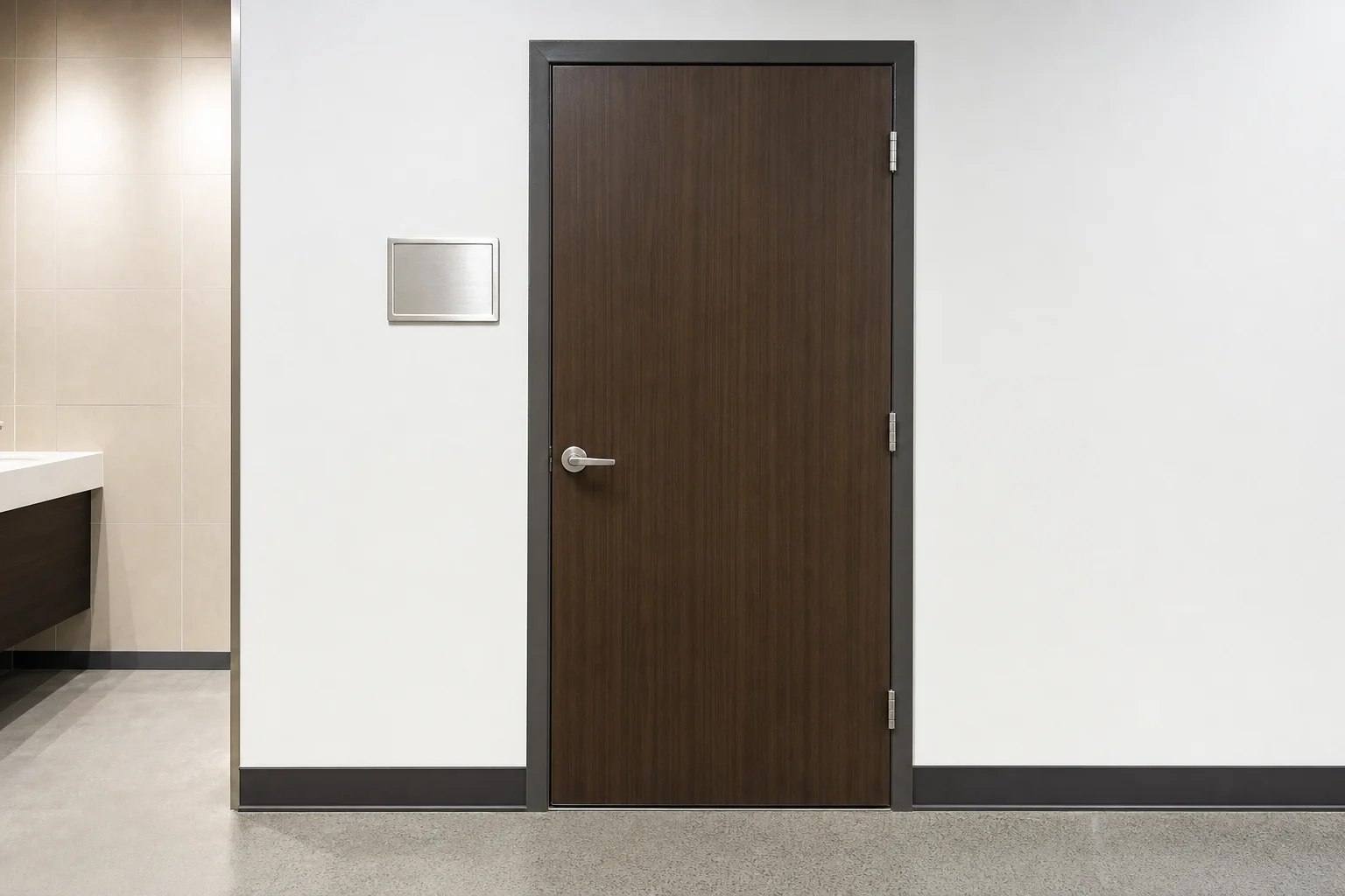 Blank restroom sign plate mounted on the wall beside a door at the correct height