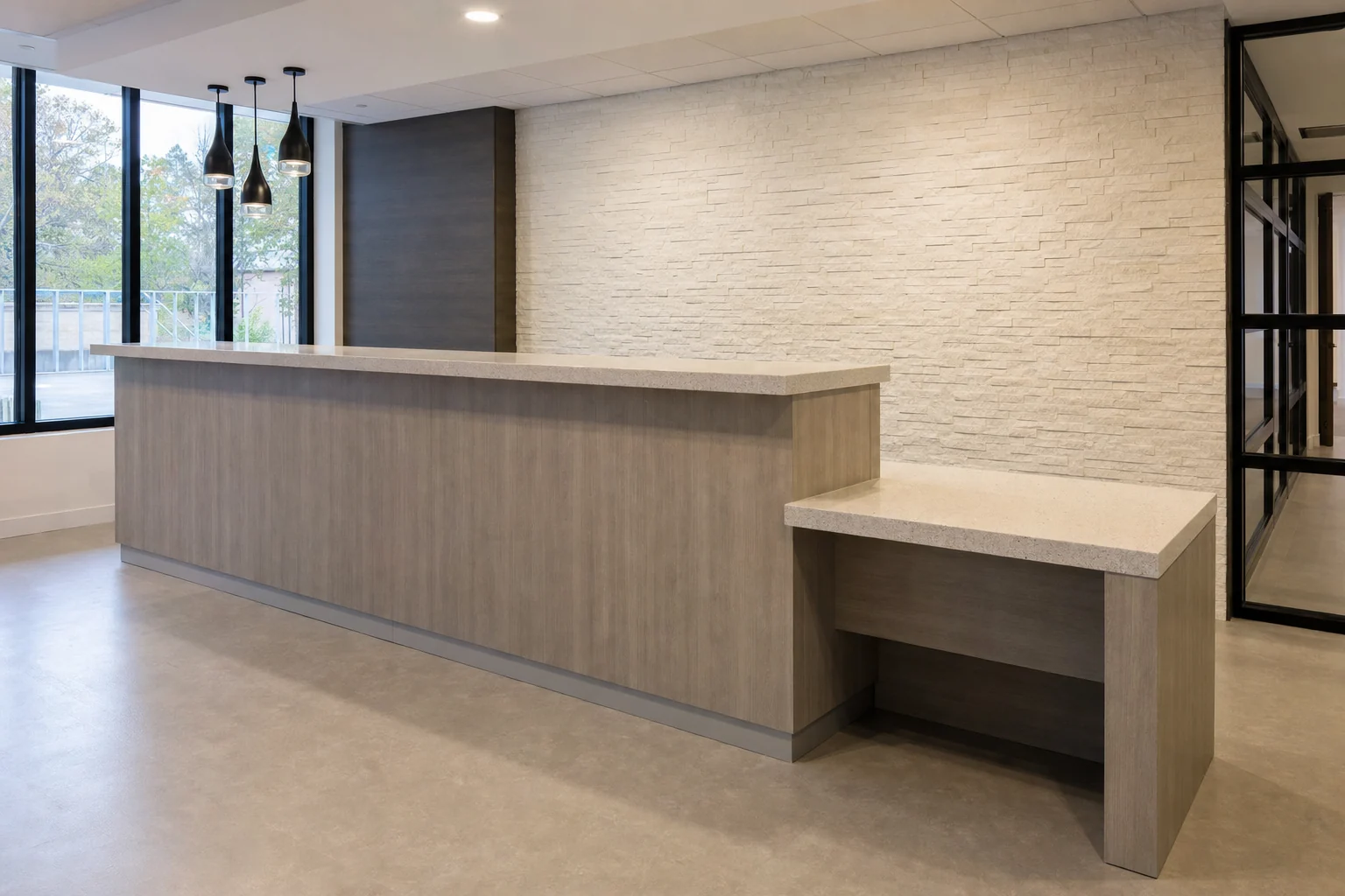 Commercial service counter with a lowered accessible section and knee space