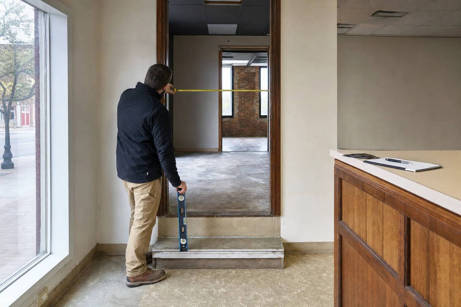 Accessibility survey measurement being taken in an existing commercial space
