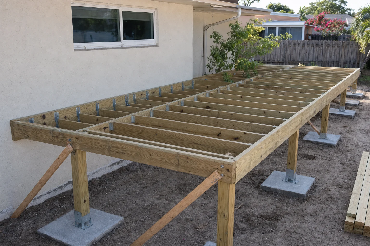 Beam and joist framing installed for a wood deck