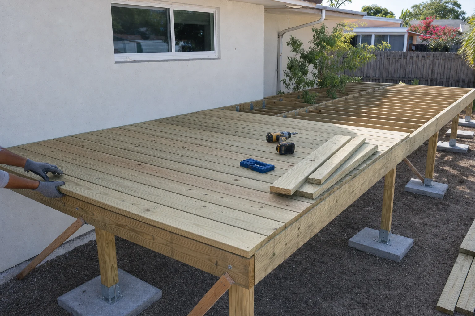 Deck boards being fastened to the joists of a new wood deck
