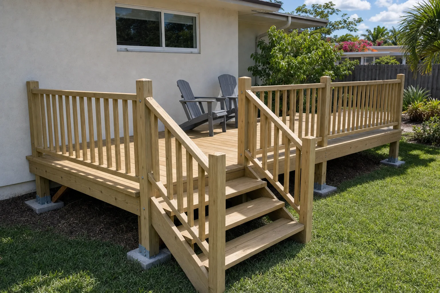 Completed wood deck with guard railing at a South Florida home