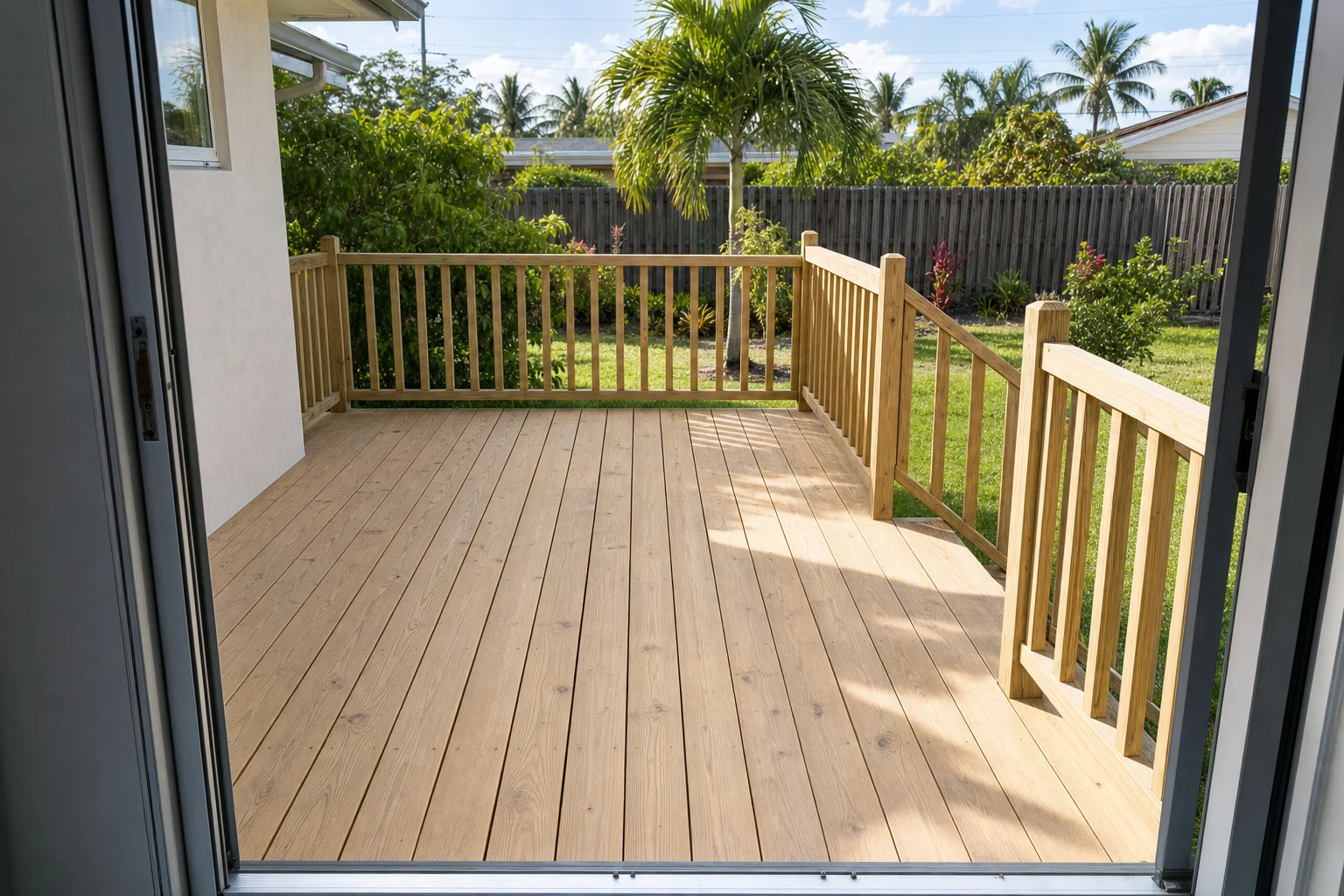 Completed wood deck seen from the house doors looking out into the yard