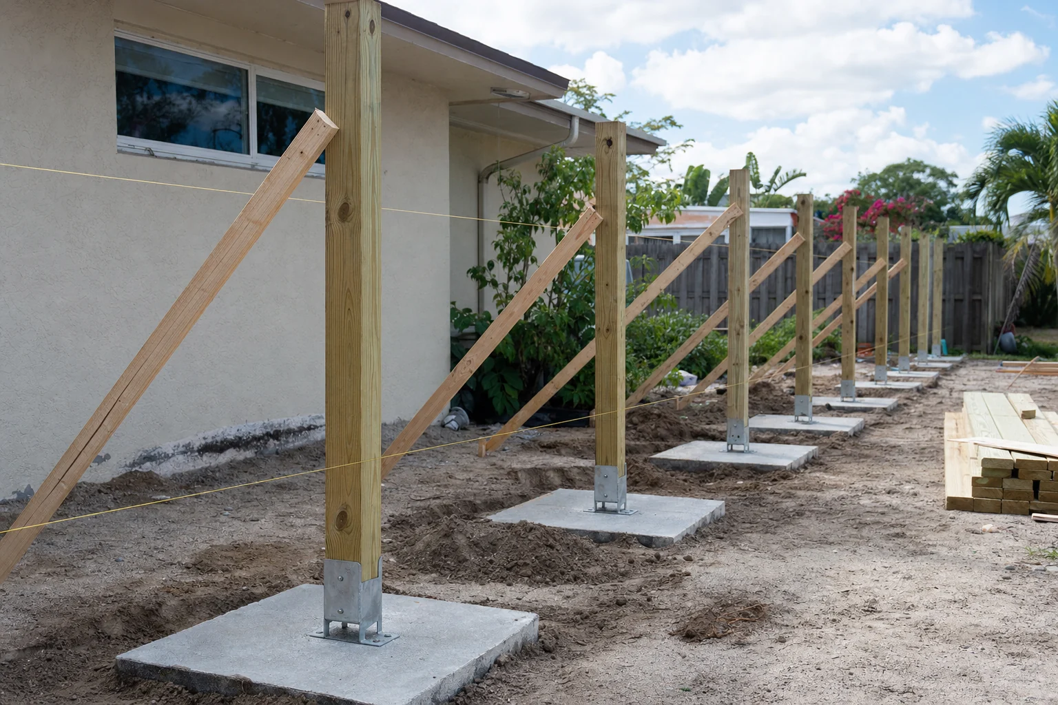 Concrete footings and pressure-treated posts set for a new wood deck