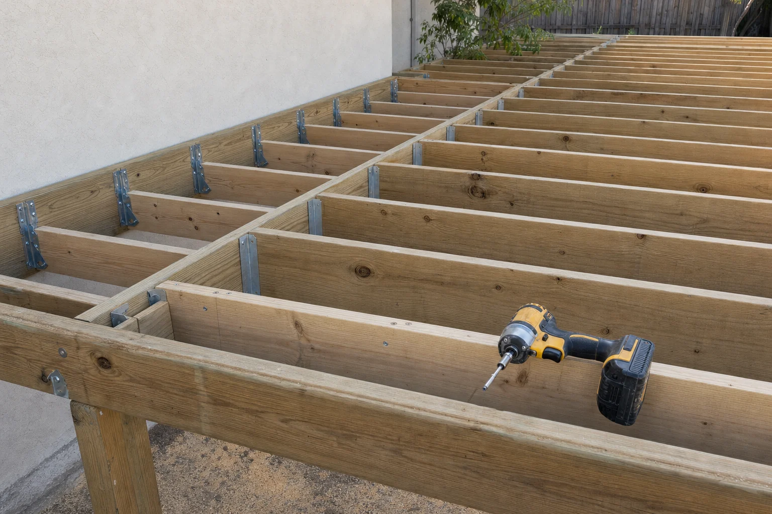 Blocking installed between deck joists during framing