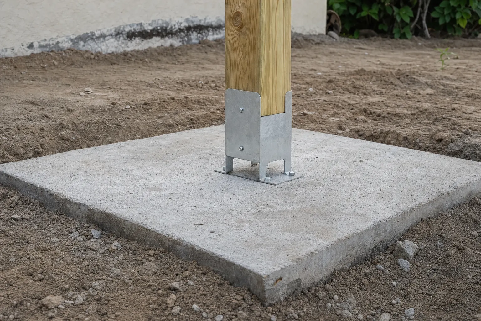 Galvanised post base connecting a deck post to its concrete footing