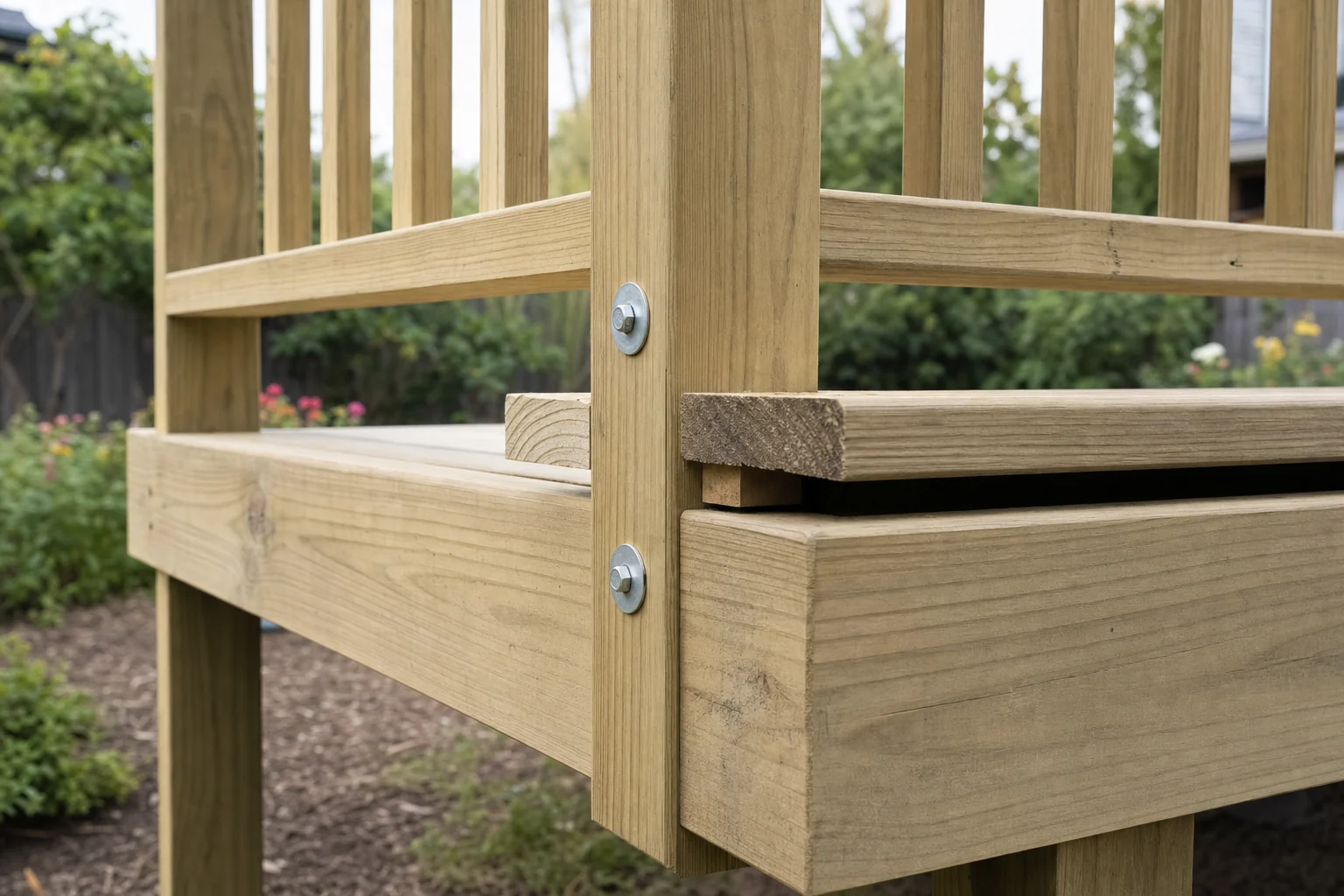Railing post bolted through the deck rim joist with blocking behind