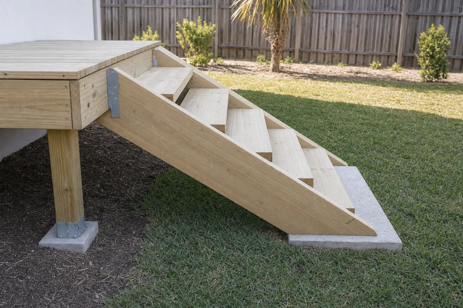 Cut stair stringers and treads at the deck steps during construction