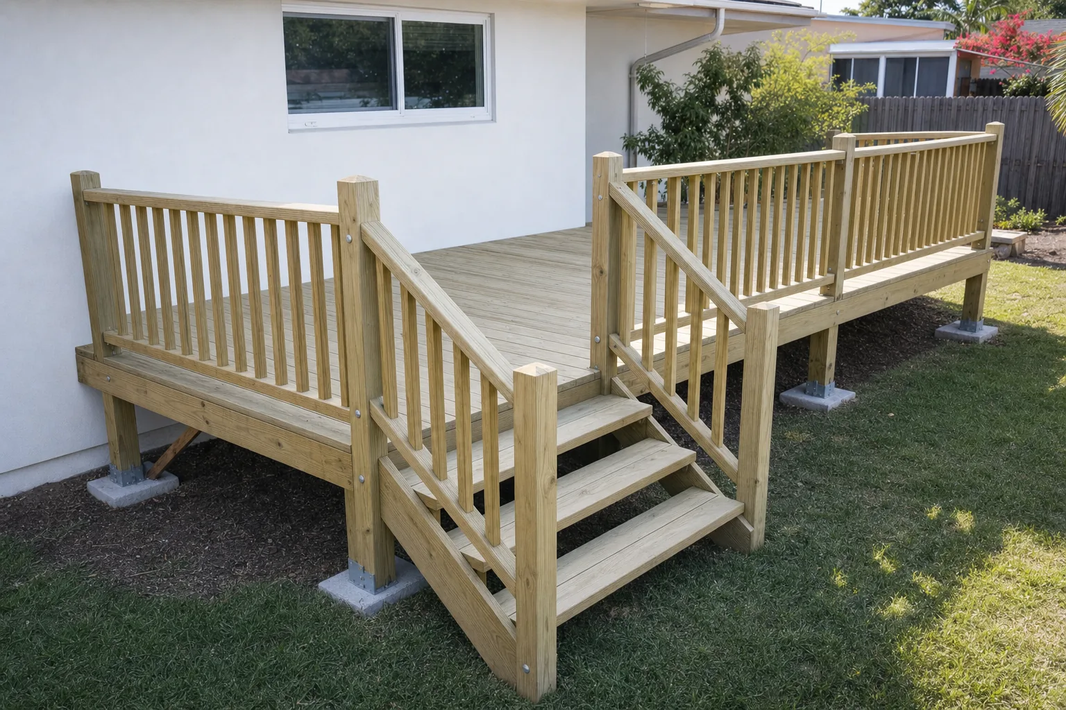 Timber deck stairs and guard railing under construction