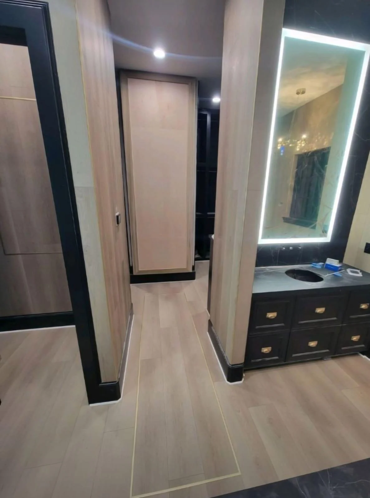 Plank flooring running from a hallway into a bathroom