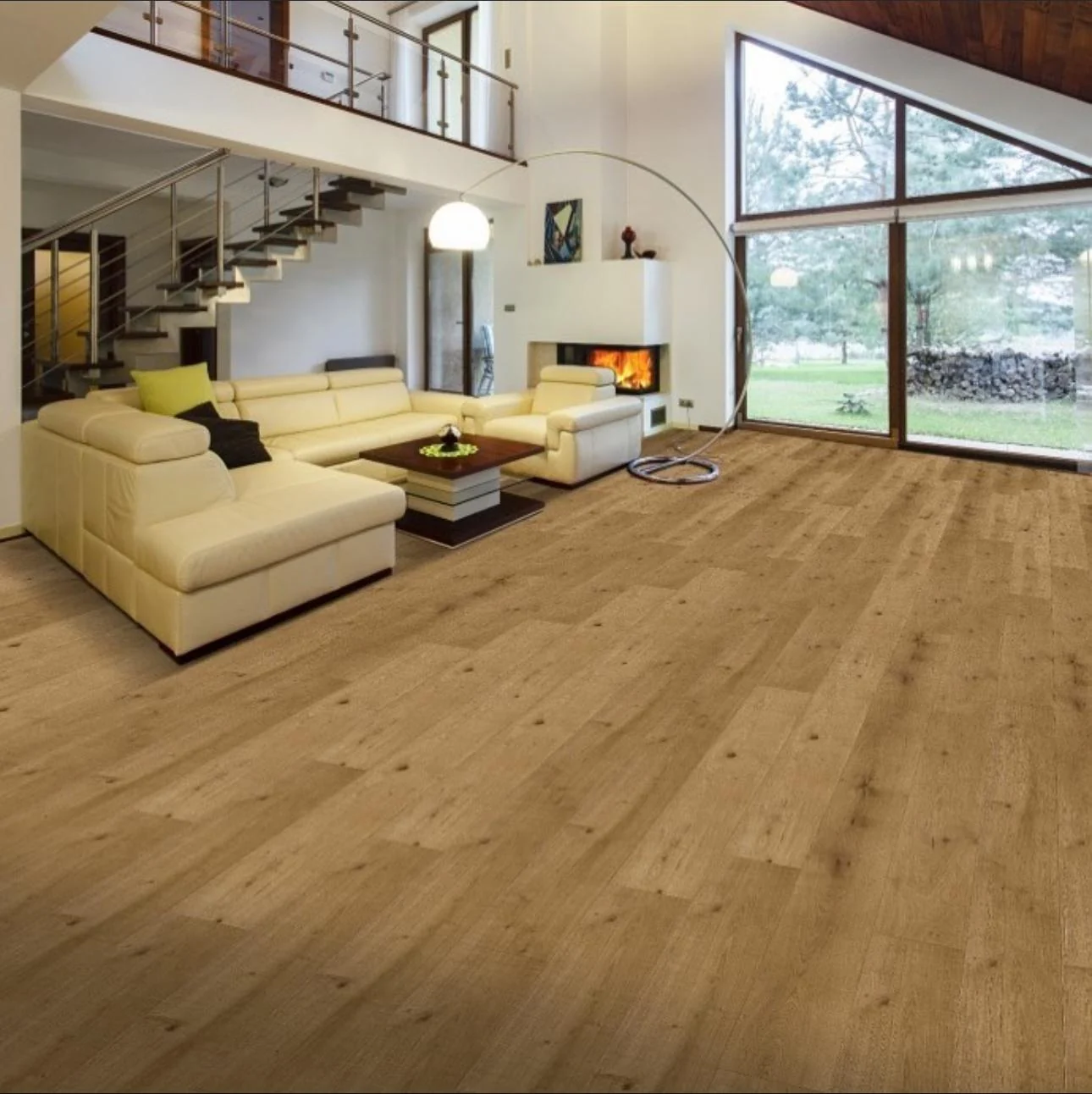 Plank flooring in a completed living room installation