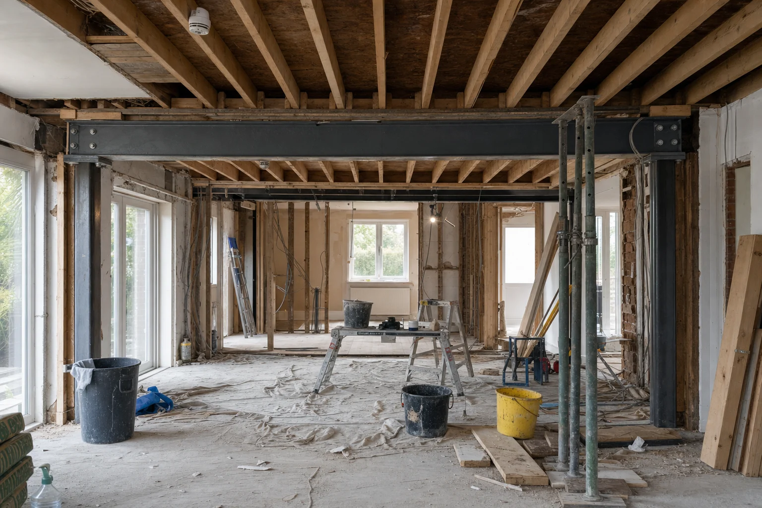 Steel beam set into a load-bearing wall opening during a residential remodel