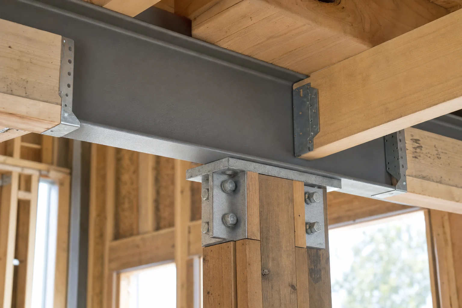 Engineered steel beam to timber post connection with column cap and bolts