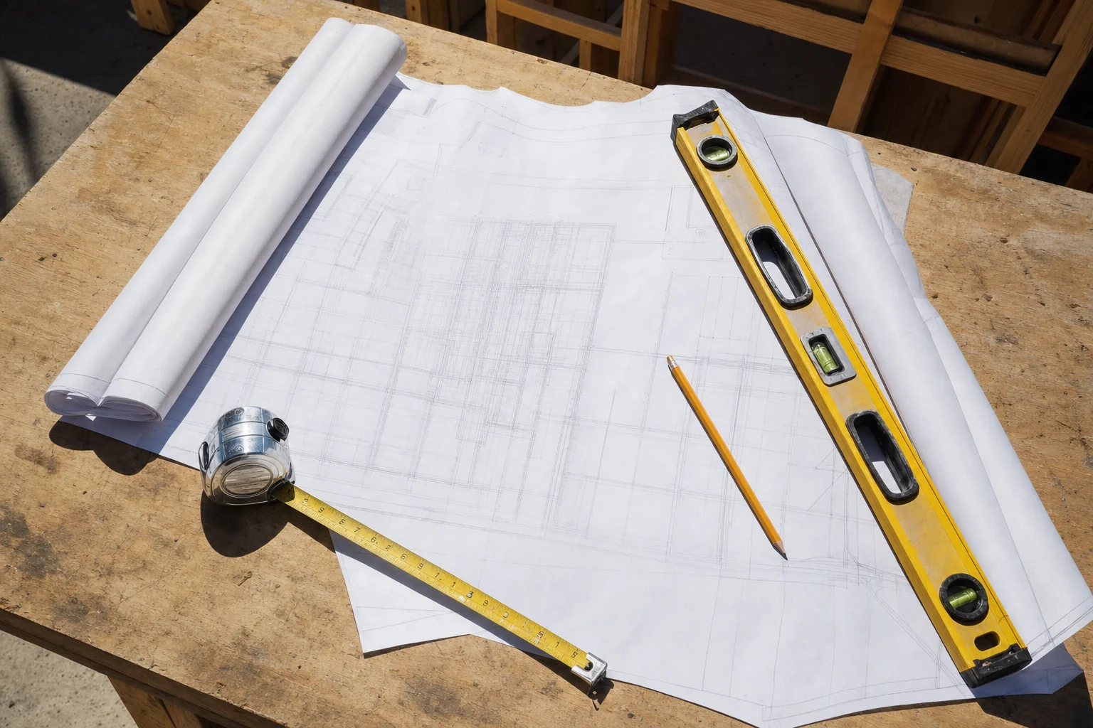 Rolled construction drawings and a tape measure on a work table on site