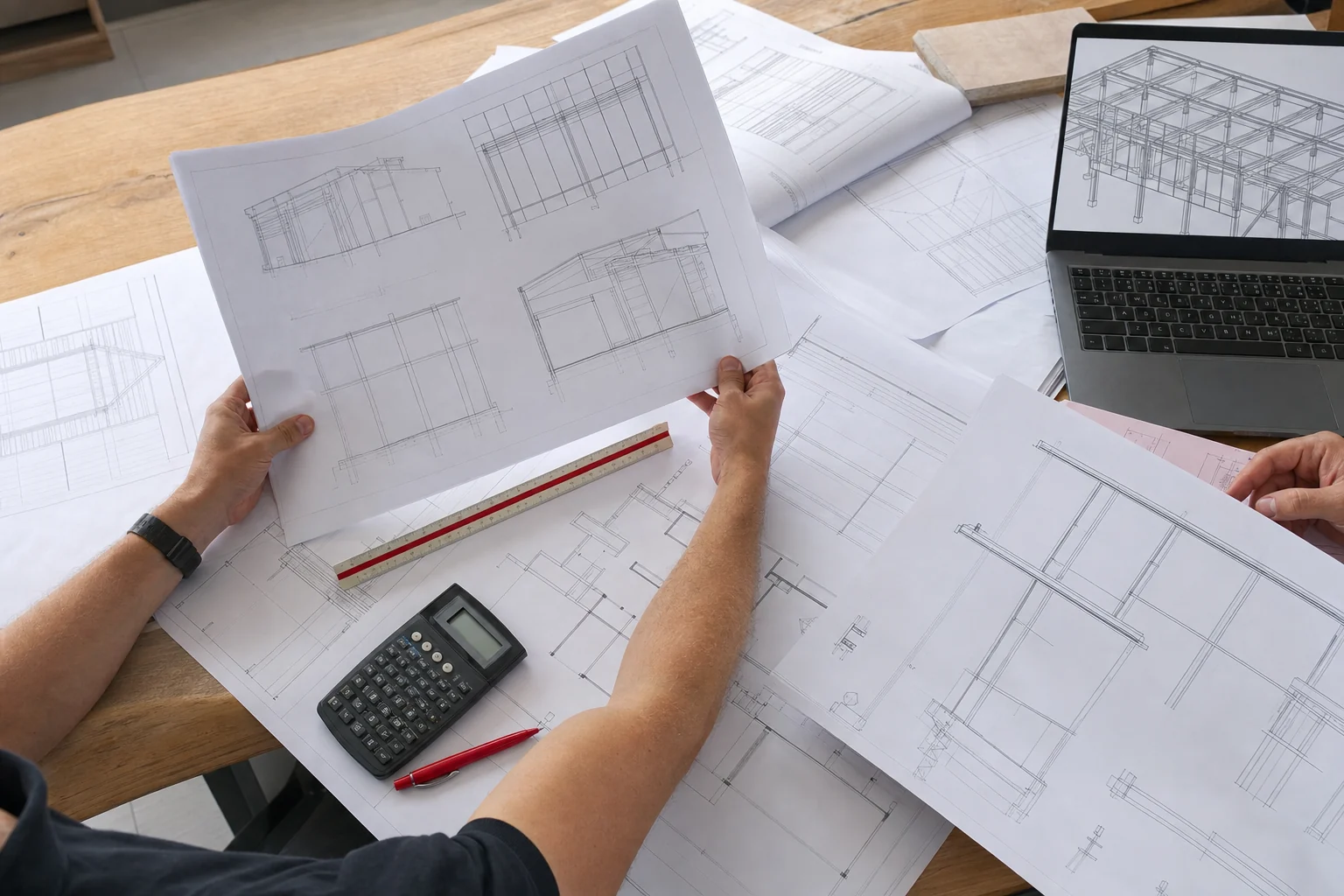 Structural framing drawings being reviewed against architectural plans