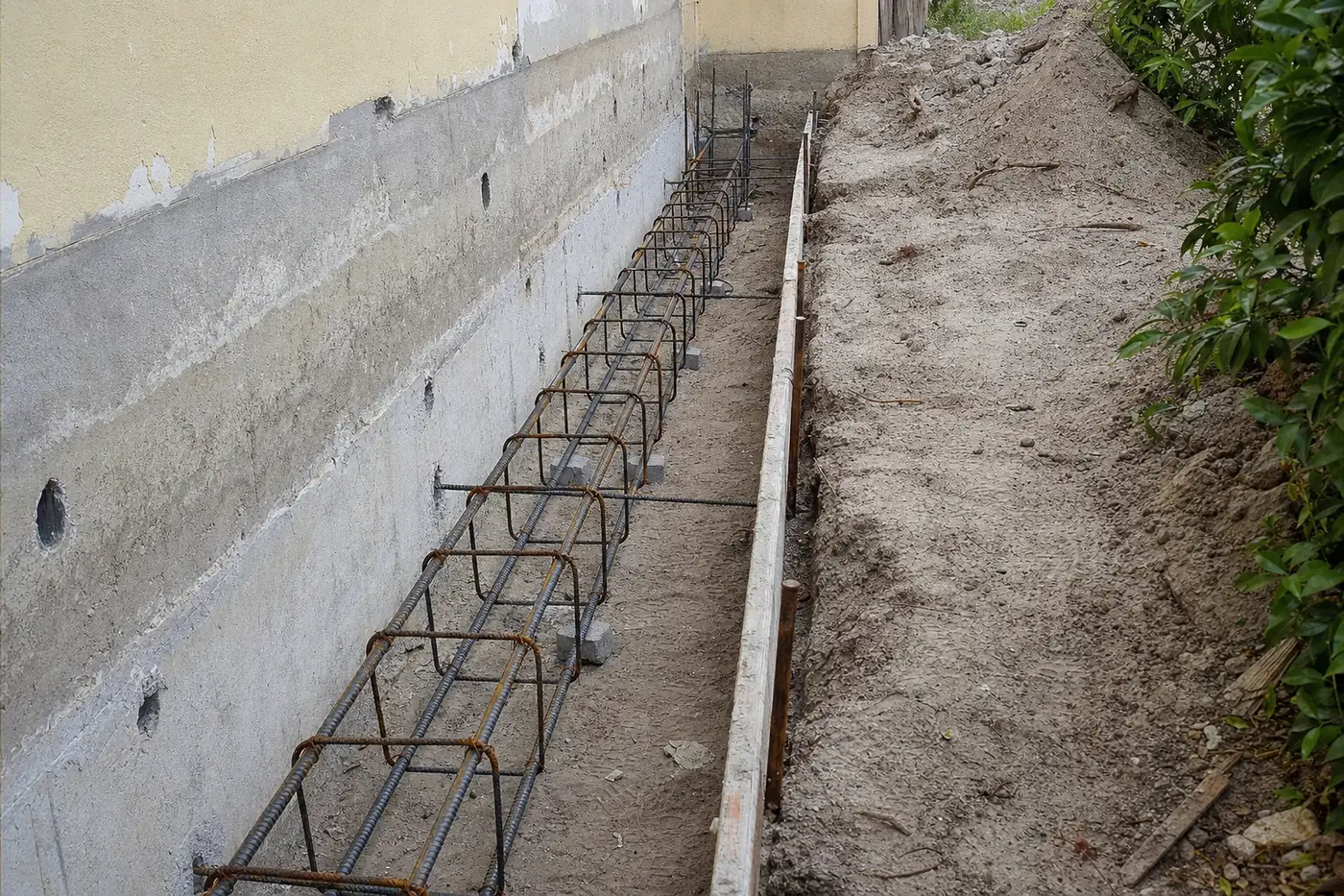 Reinforcement steel placed in an excavated footing before a concrete pour