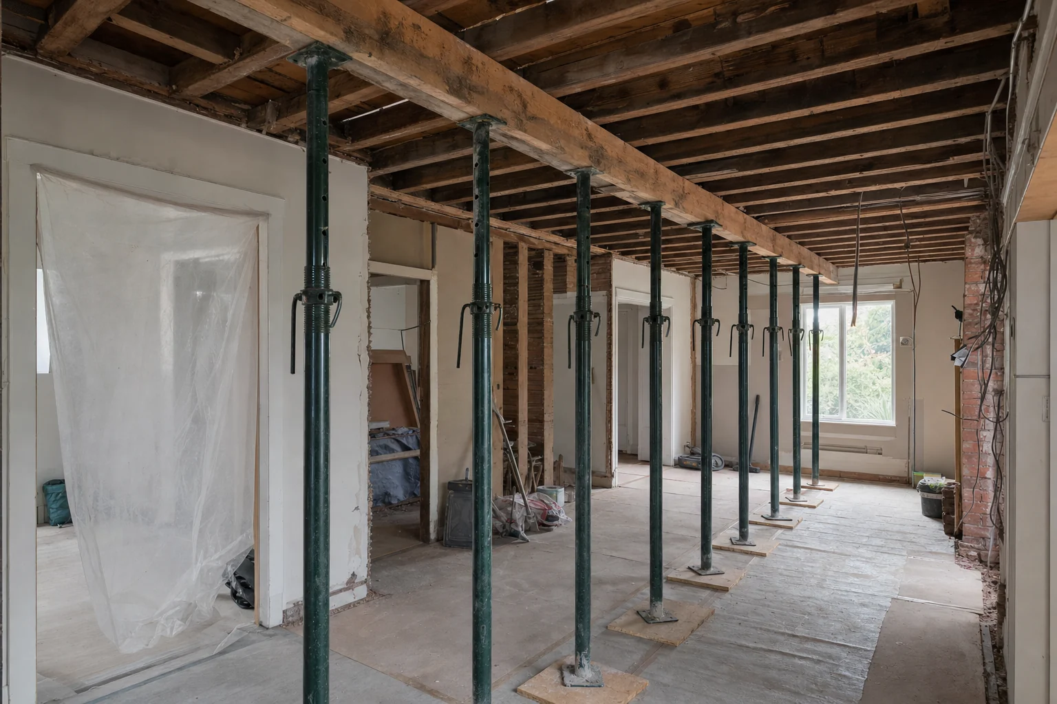 Temporary shoring posts supporting a ceiling during structural work