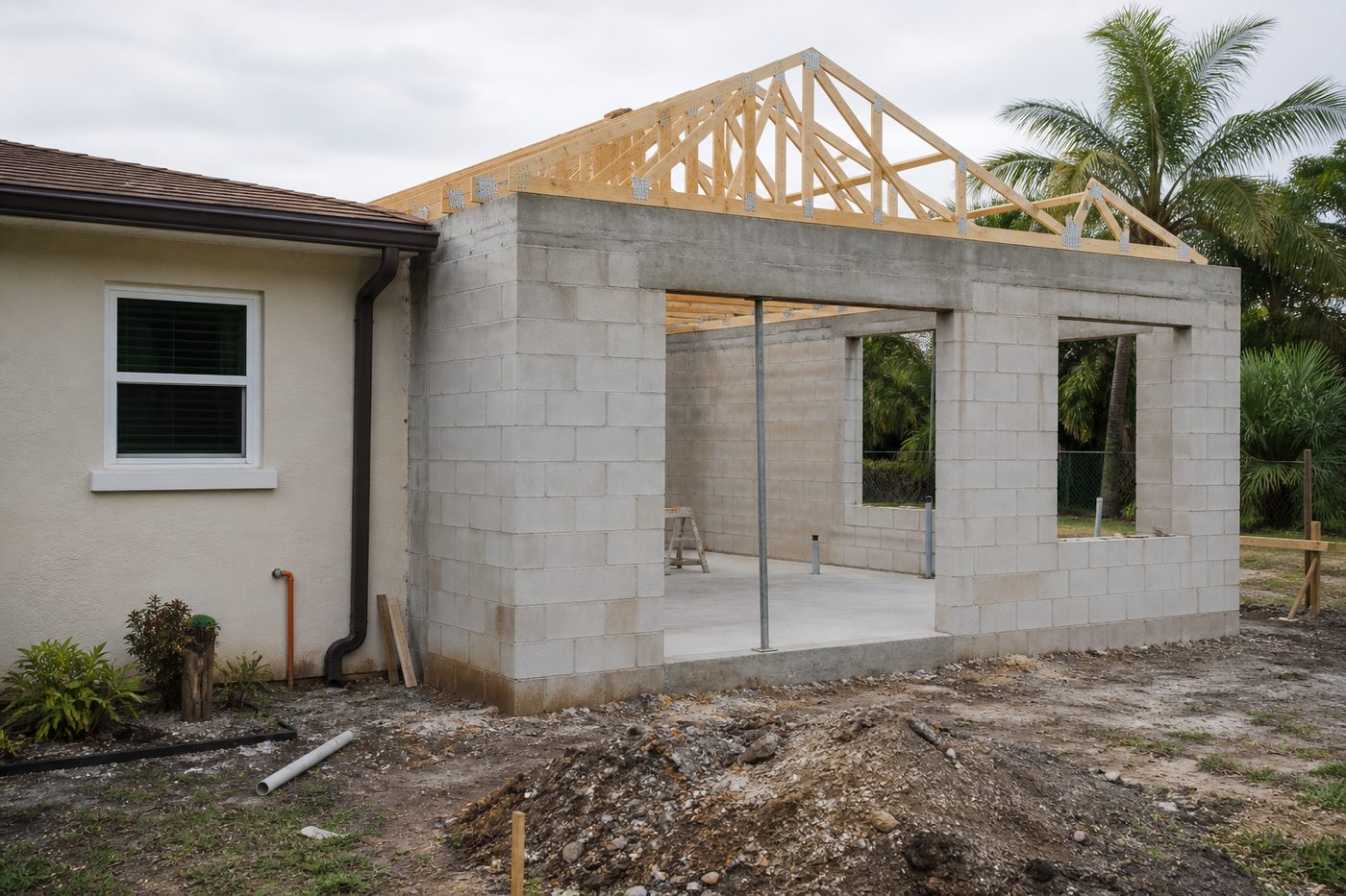 AI-generated illustration: a rear room addition under construction, new block walls and trusses tied into an existing house