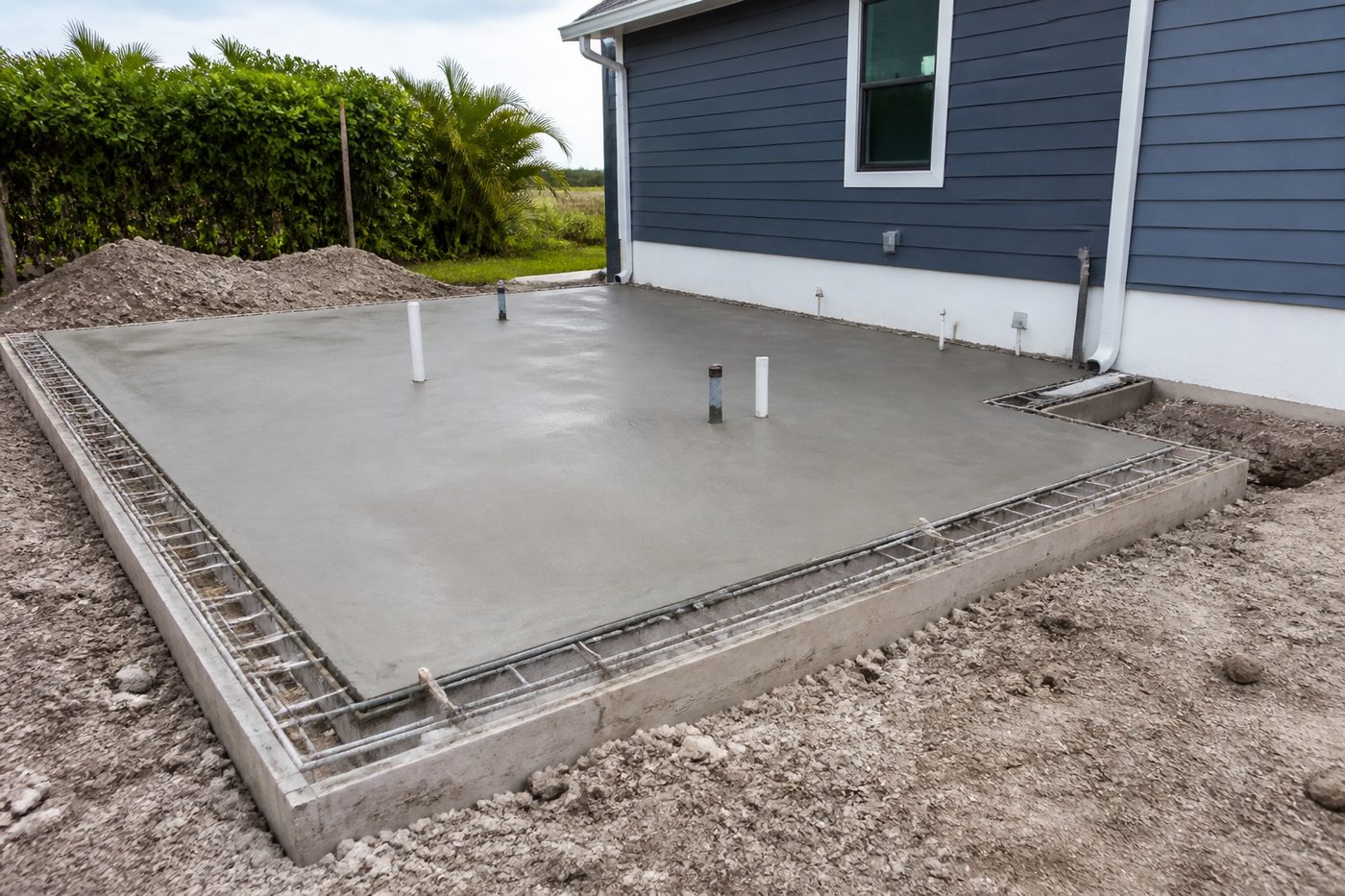 AI-generated illustration: a new footing and slab for a room addition with plumbing stub-ups cast in