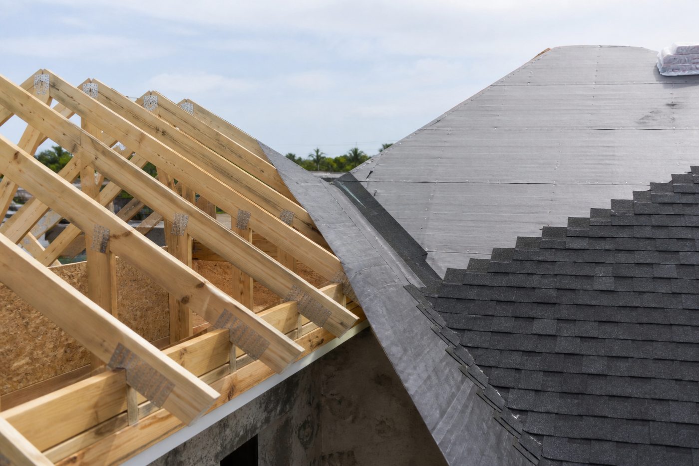 AI-generated illustration: the roof tie-in between a new addition and an existing roof, showing the valley formed between them