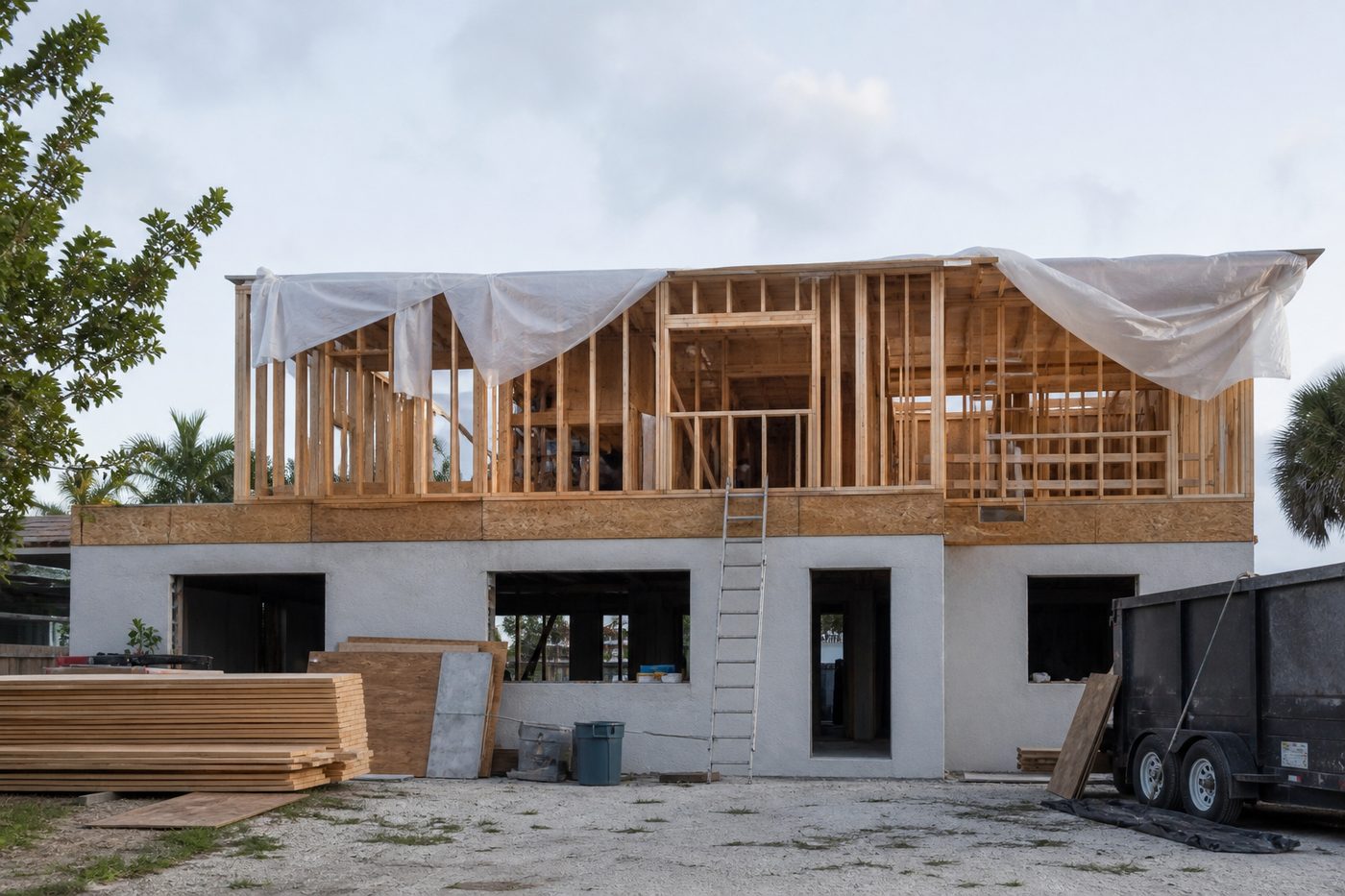 AI-generated illustration: a second-storey addition being framed above an existing single-storey house