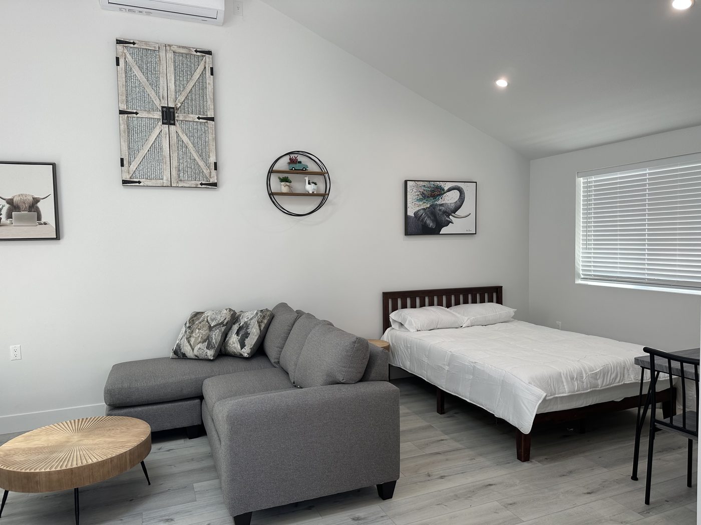Studio ADU interior showing living, dining and sleeping zones in a single volume