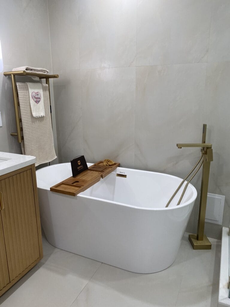 Contemporary Primary Bath Remodel with Fluted Vanity & Freestanding Tub — photo 3