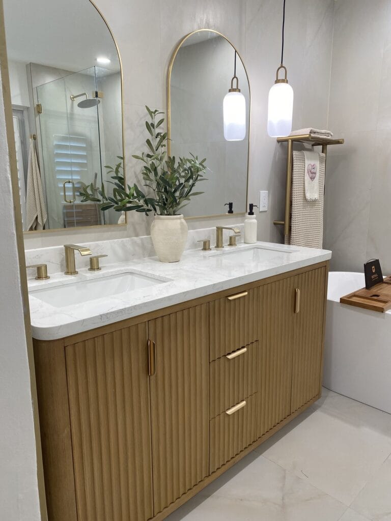 Contemporary Primary Bath Remodel with Fluted Vanity & Freestanding Tub — photo 4
