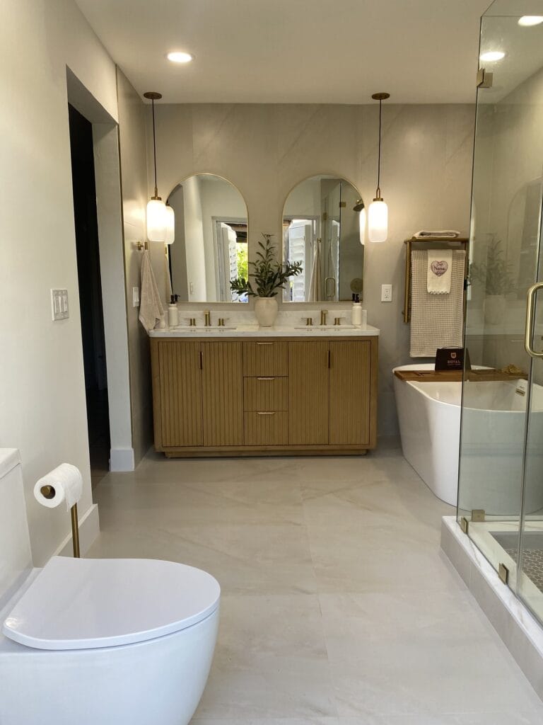 Contemporary Primary Bath Remodel with Fluted Vanity & Freestanding Tub — photo 8