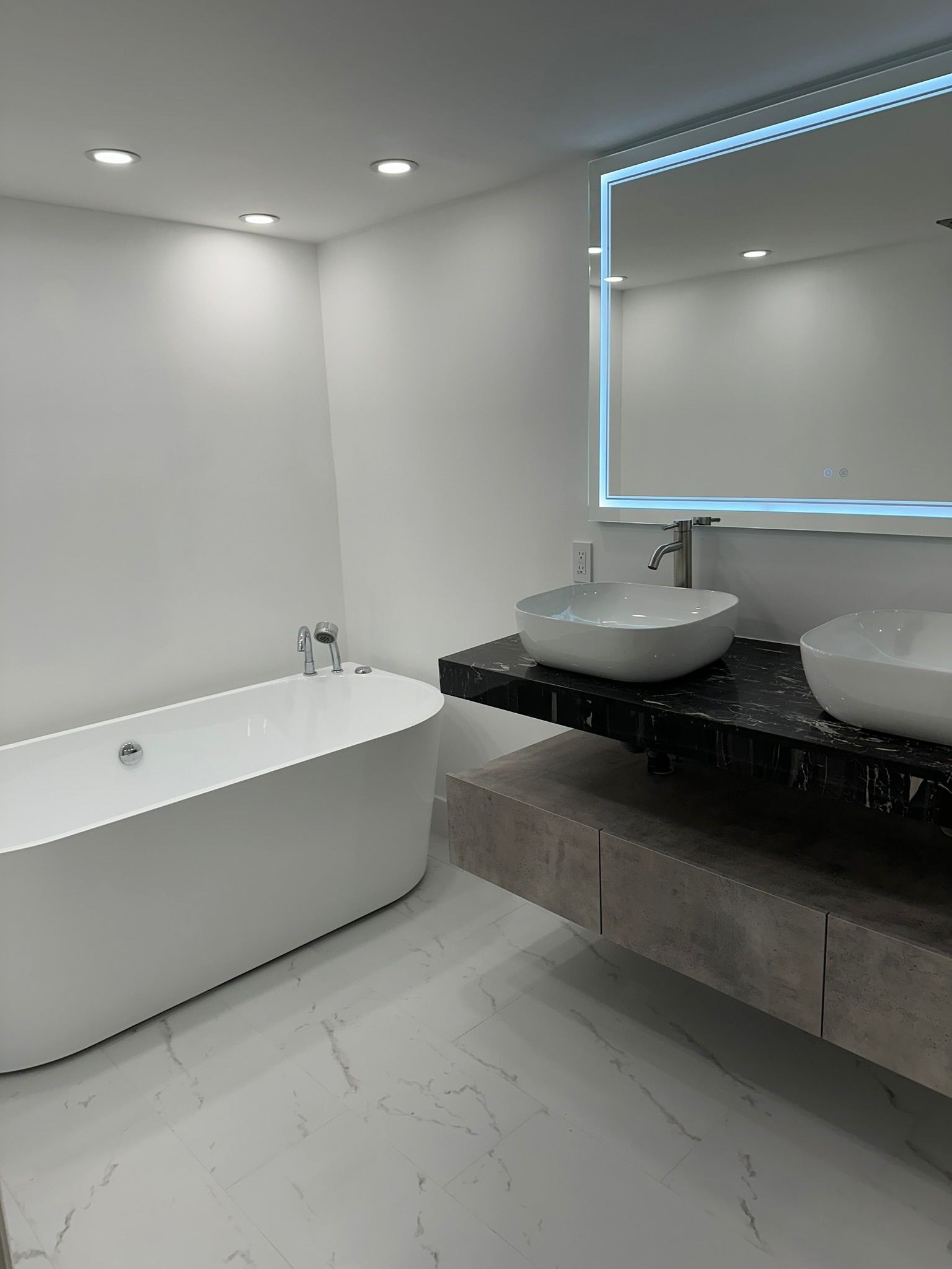 Floating Vanity Primary Bath with Soaking Tub & Walk-In Shower