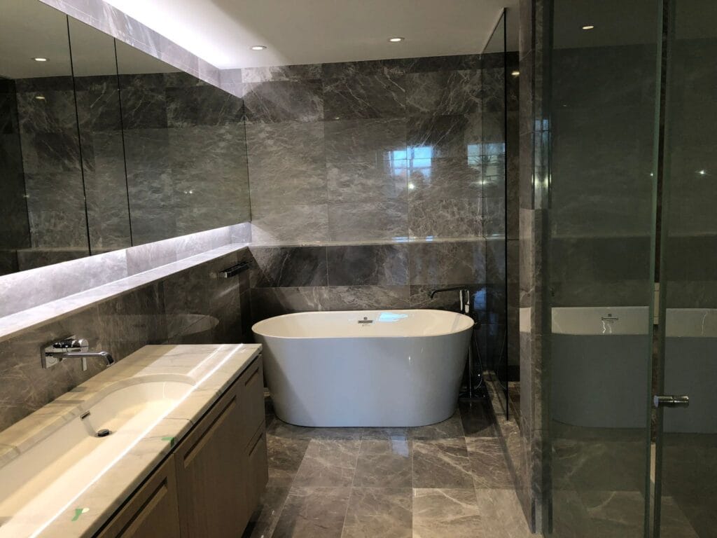 Compact Master Bathroom Remodel with Floating Double Vanity — photo 2