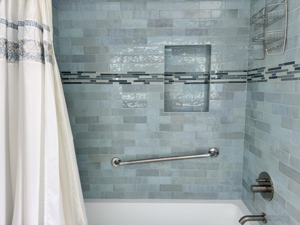 Sea-Glass Glazed Tile Bathroom Remodel with Double Vanity — photo 3