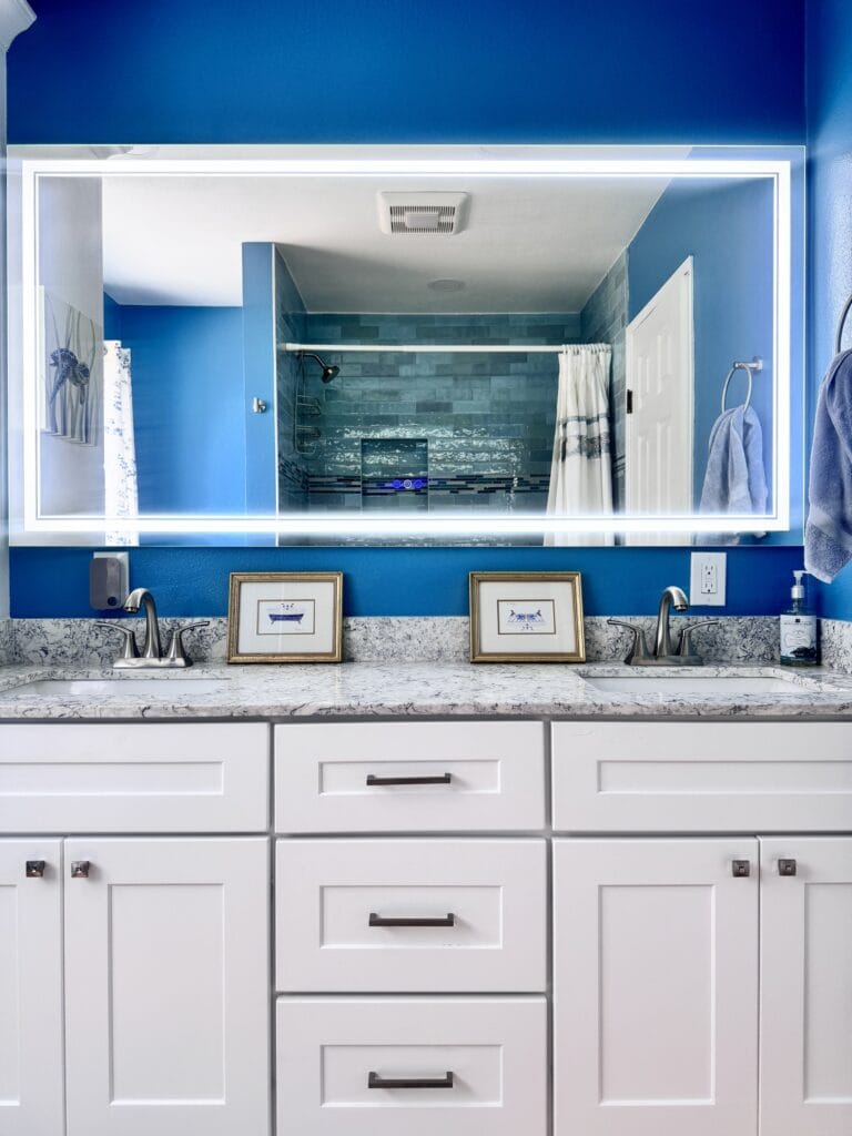 Sea-Glass Glazed Tile Bathroom Remodel with Double Vanity — photo 7