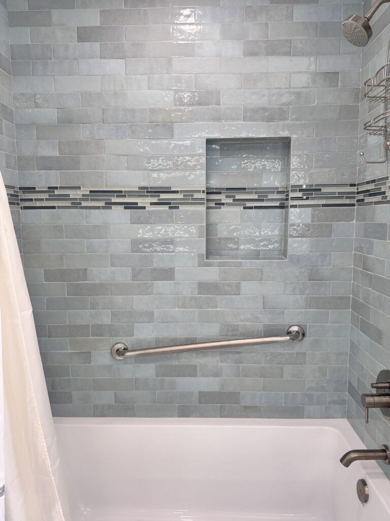 Sea-Glass Glazed Tile Bathroom Remodel with Double Vanity — photo 25