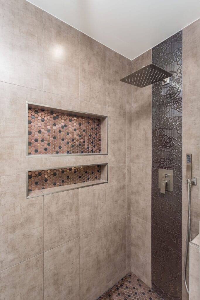 Walk-In Shower Bathroom Remodel with Copper Mosaic Tile Accents — photo 4