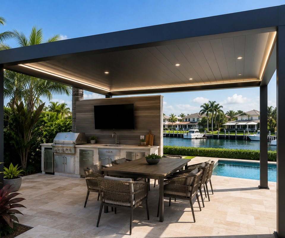 Covered outdoor pergola with kitchen, dining area and pool overlooking a South Florida waterway